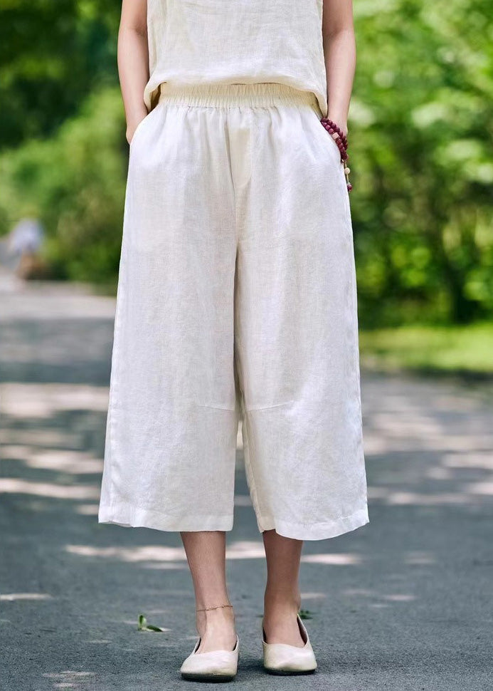 White Waist Crop Summer Linen Pants Simple Pockets Elastic - Image 1