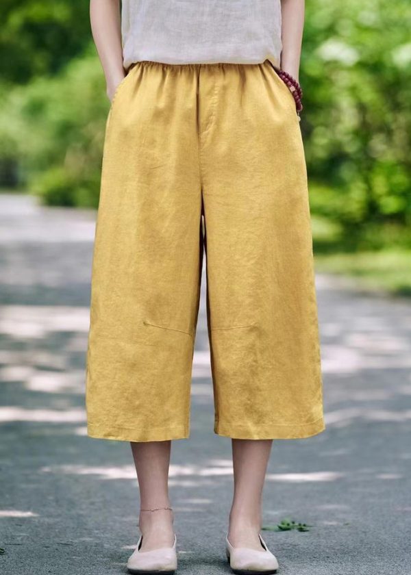 White Waist Crop Summer Linen Pants Simple Pockets Elastic - Image 2
