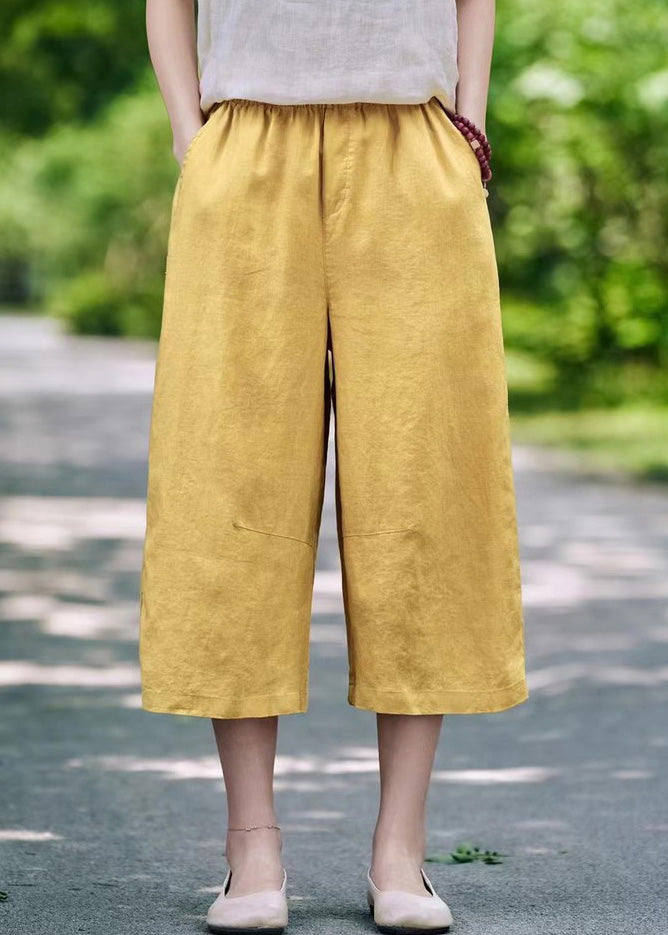 White Waist Crop Summer Linen Pants Simple Pockets Elastic - Image 2
