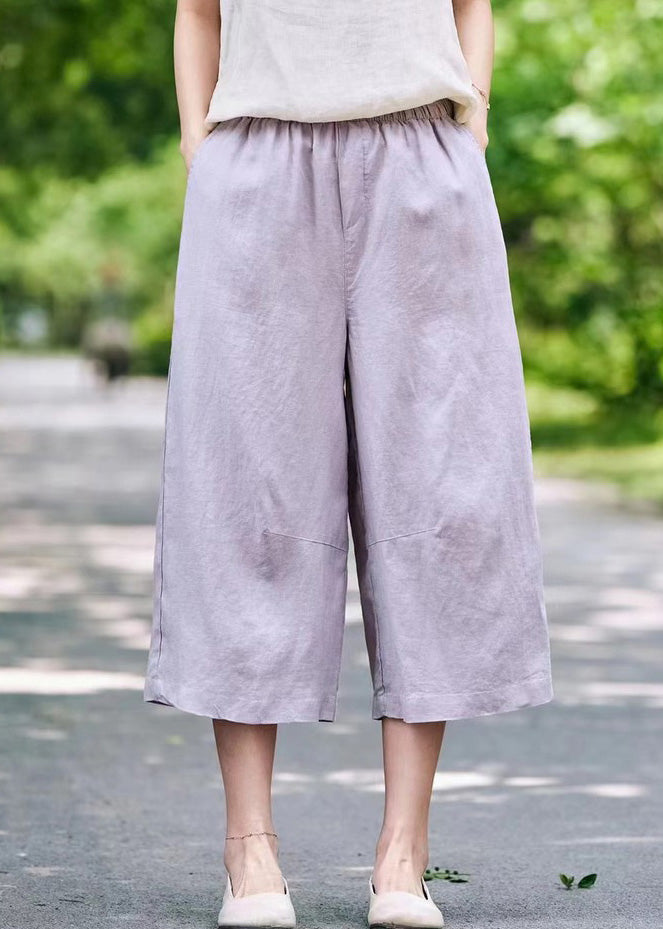 White Waist Crop Summer Linen Pants Simple Pockets Elastic - Image 3