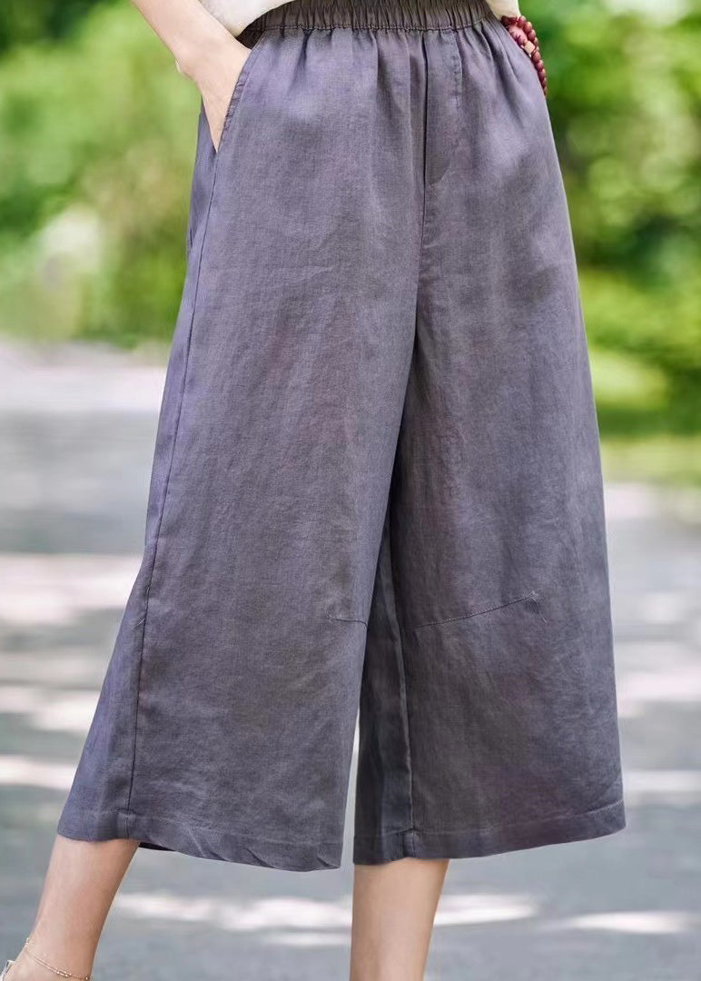 White Waist Crop Summer Linen Pants Simple Pockets Elastic - Image 4