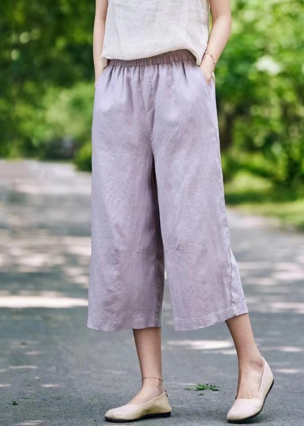 White Waist Crop Summer Linen Pants Simple Pockets Elastic - Image 5