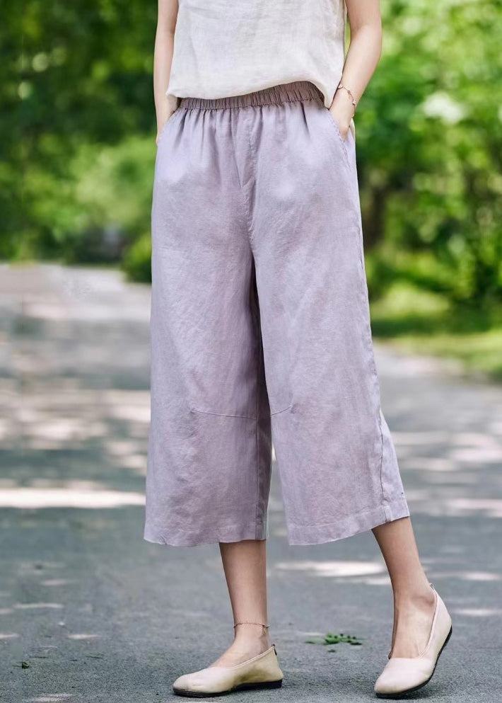 White Waist Crop Summer Linen Pants Simple Pockets Elastic - Image 5
