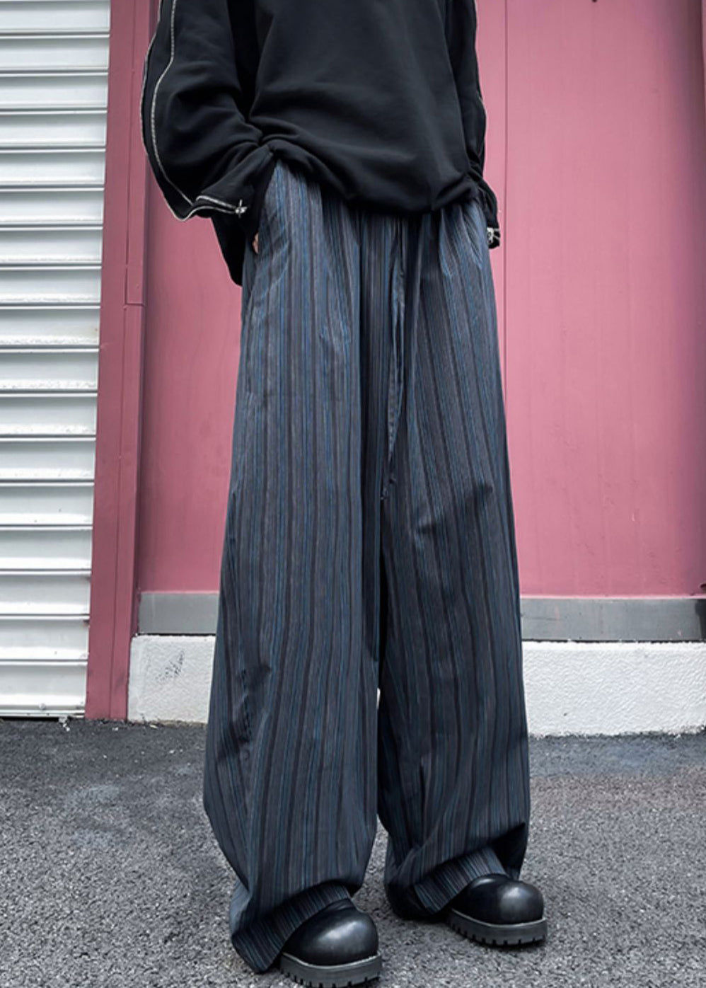 Wide Striped Leg Pockets Cotton Pants Waist Elastic Mens Black - Image 1