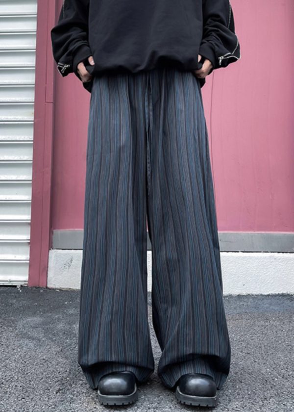 Wide Striped Leg Pockets Cotton Pants Waist Elastic Mens Black - Image 2
