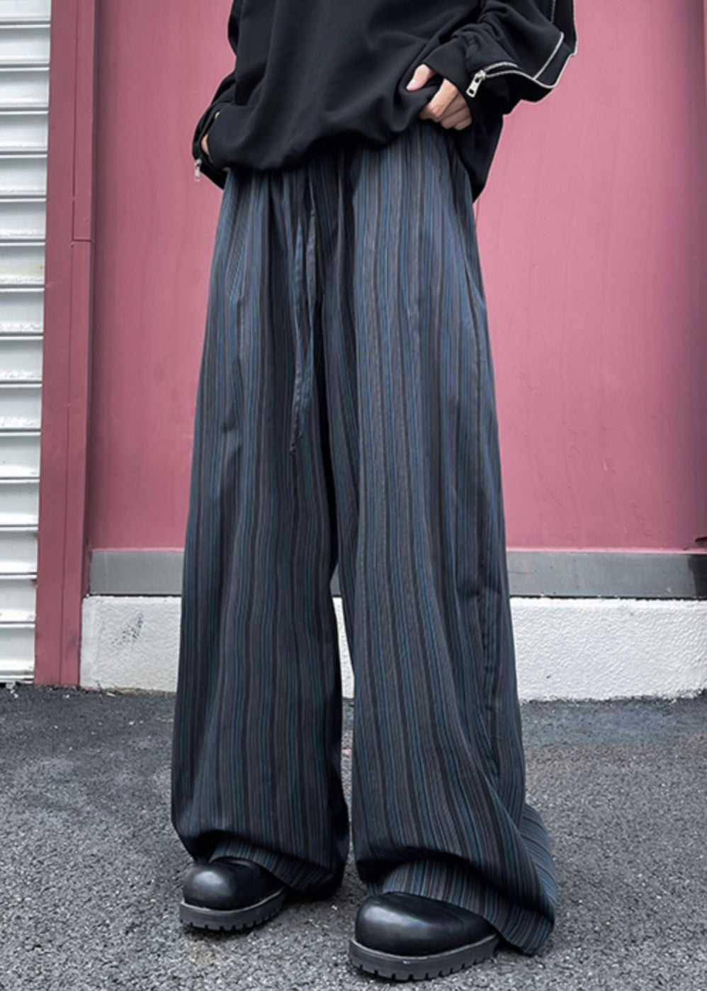 Wide Striped Leg Pockets Cotton Pants Waist Elastic Mens Black - Image 3