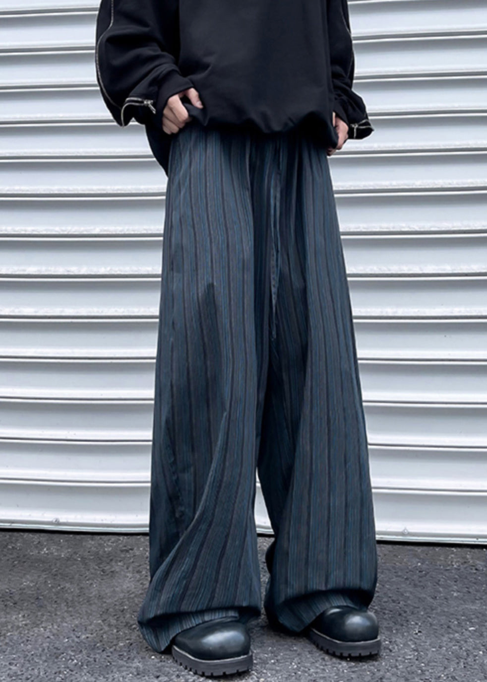 Wide Striped Leg Pockets Cotton Pants Waist Elastic Mens Black - Image 4