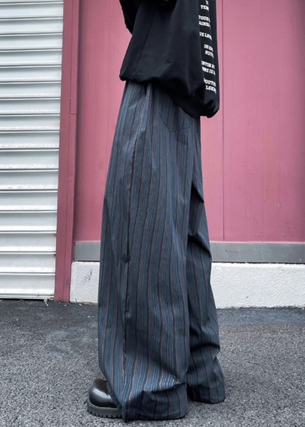 Wide Striped Leg Pockets Cotton Pants Waist Elastic Mens Black - Image 5