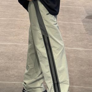 Cotton Waist Striped Thin Elastic Pants Patchwork Green Mens