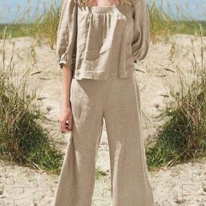 And Top Set Half Collar Pants Two Crop Khaki Square Style Pieces