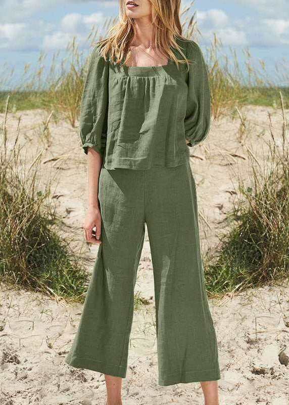 And Top Set Half Collar Pants Two Crop Khaki Square Style Pieces - Image 2