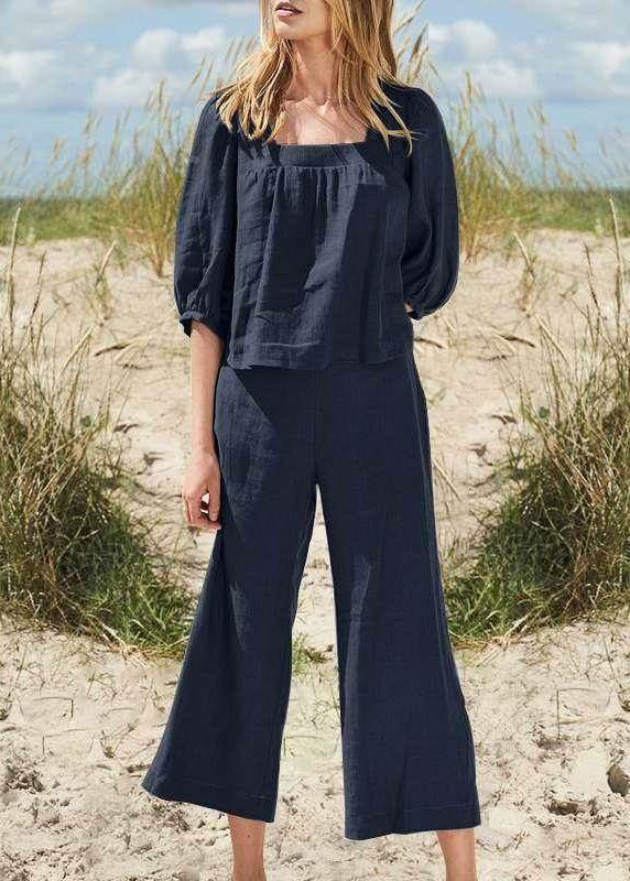 And Top Set Half Collar Pants Two Crop Khaki Square Style Pieces - Image 3