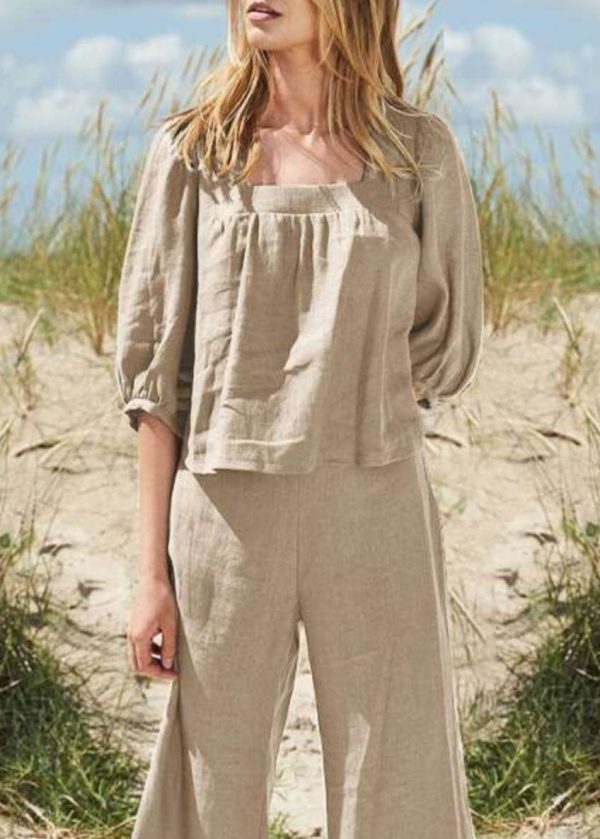 And Top Set Half Collar Pants Two Crop Khaki Square Style Pieces - Image 4