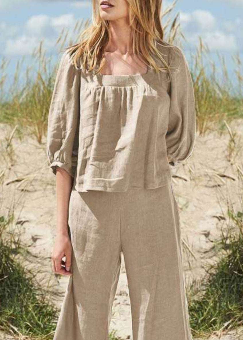 And Top Set Half Collar Pants Two Crop Khaki Square Style Pieces - Image 4