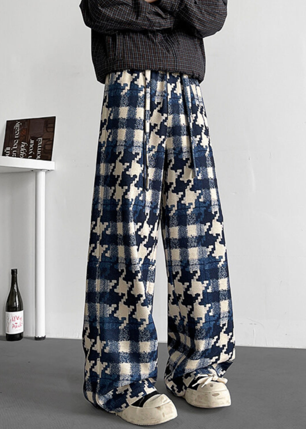 Elastic Waist Mens Cotton Plaid Stylish Fall Pants Blue - Image 2