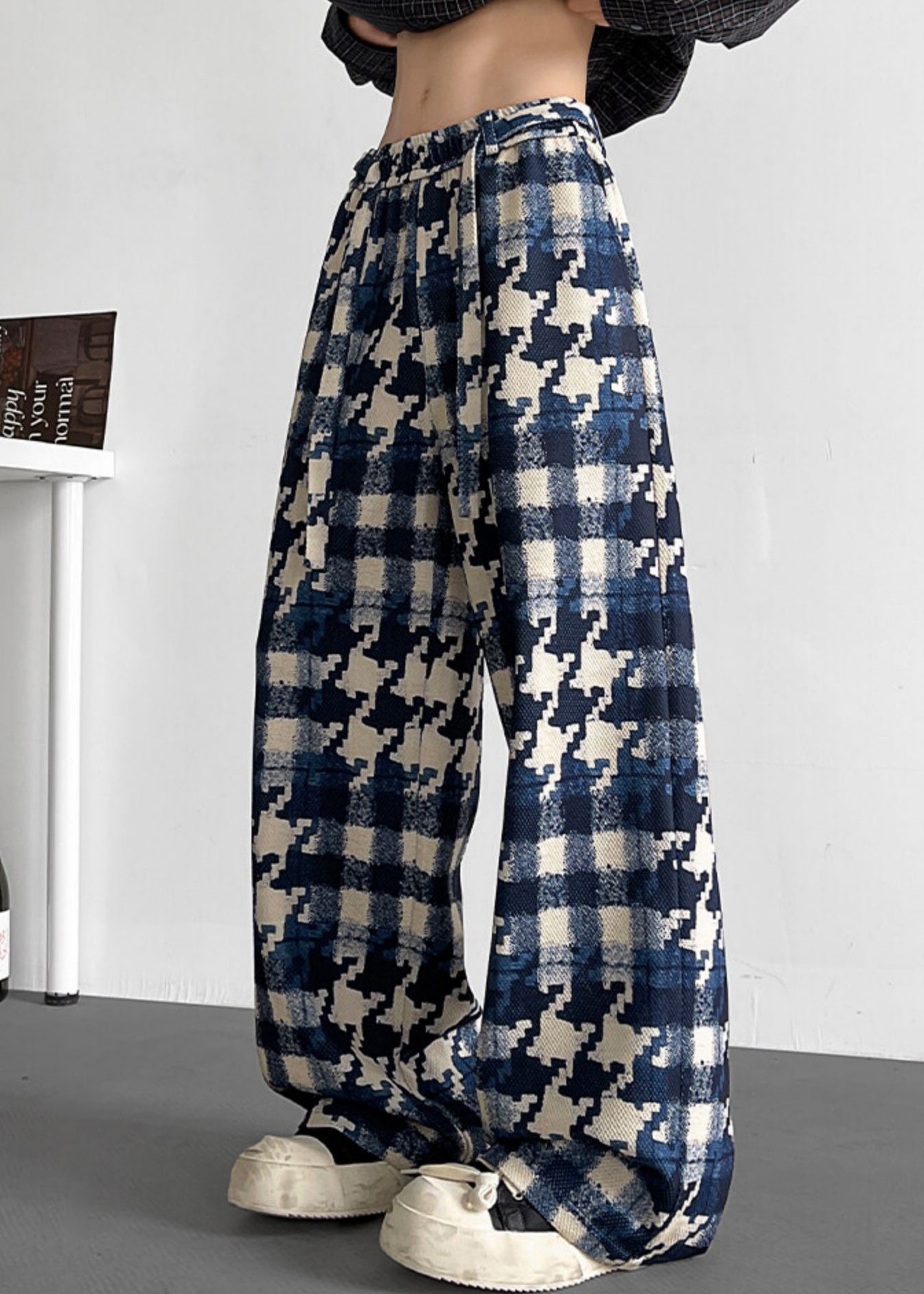 Elastic Waist Mens Cotton Plaid Stylish Fall Pants Blue - Image 3