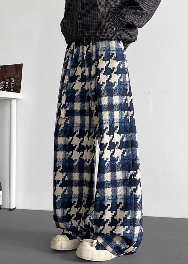 Elastic Waist Mens Cotton Plaid Stylish Fall Pants Blue - Image 4
