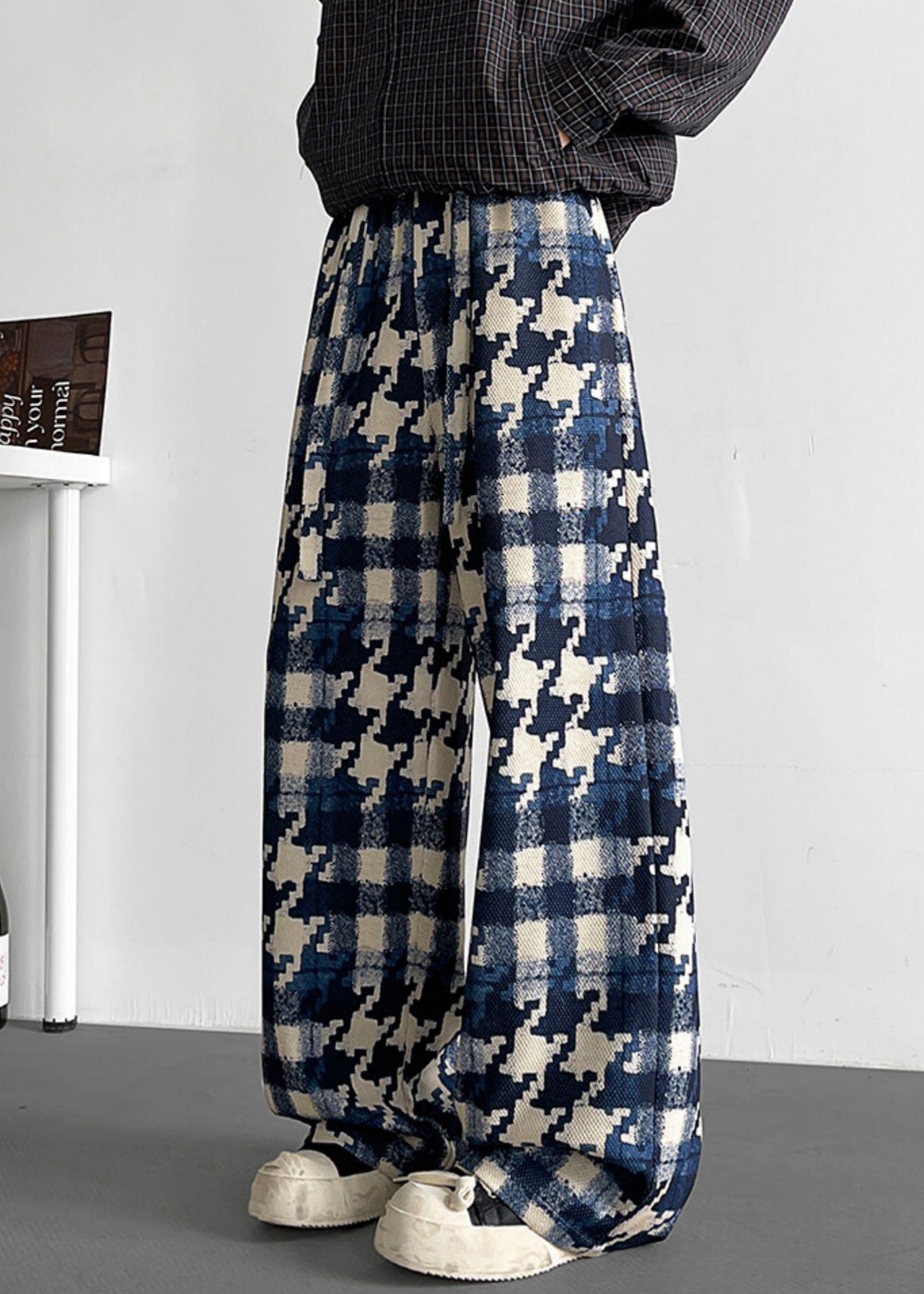 Elastic Waist Mens Cotton Plaid Stylish Fall Pants Blue - Image 4