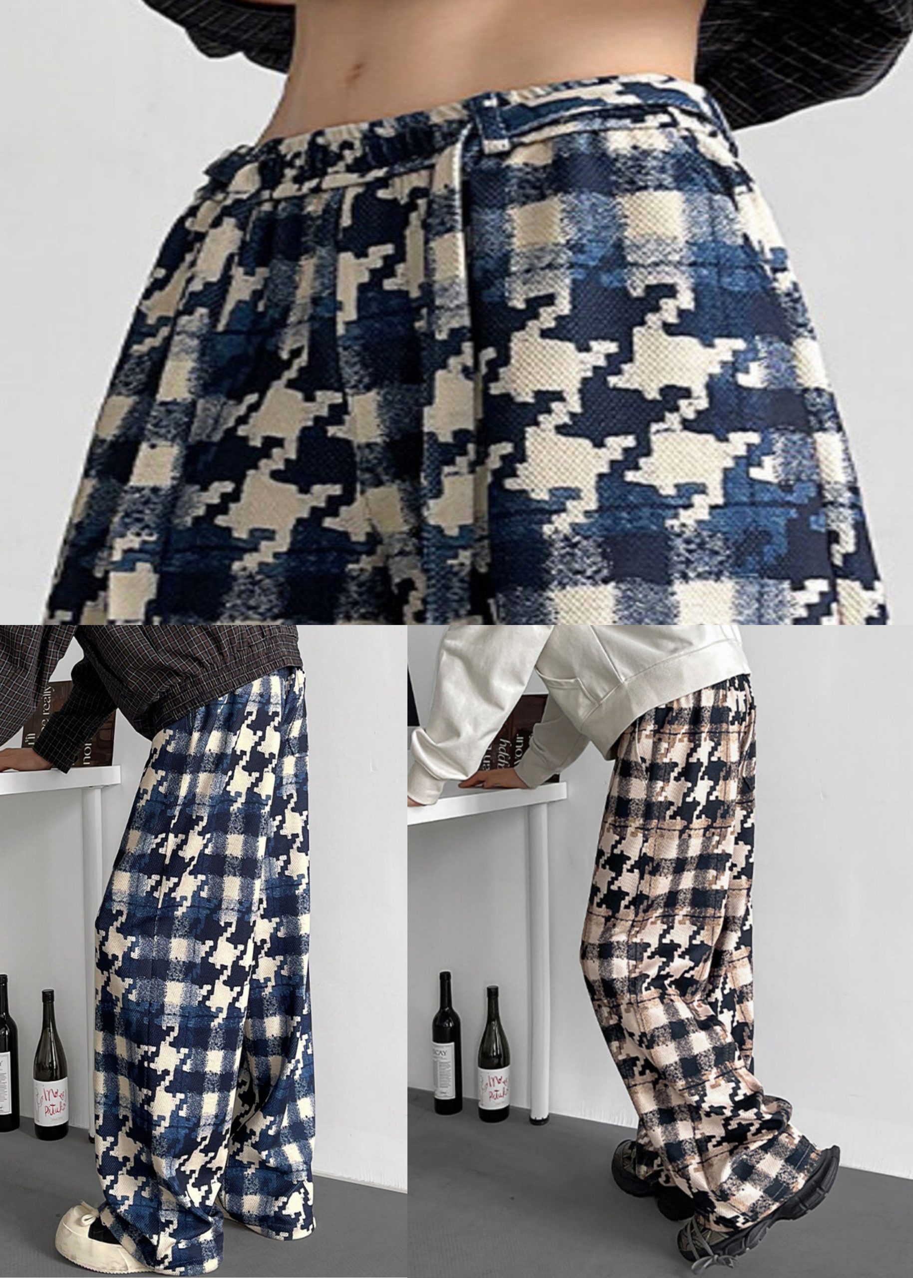 Elastic Waist Mens Cotton Plaid Stylish Fall Pants Blue - Image 5