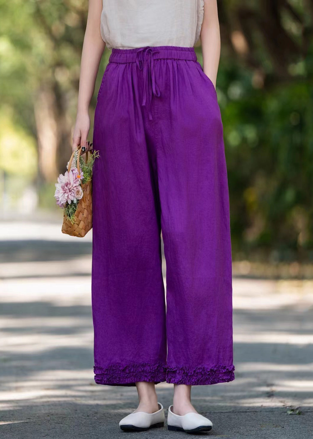 Linen Purple Solid Pockets Wide Pants Ruffled Leg Stylish - Image 1