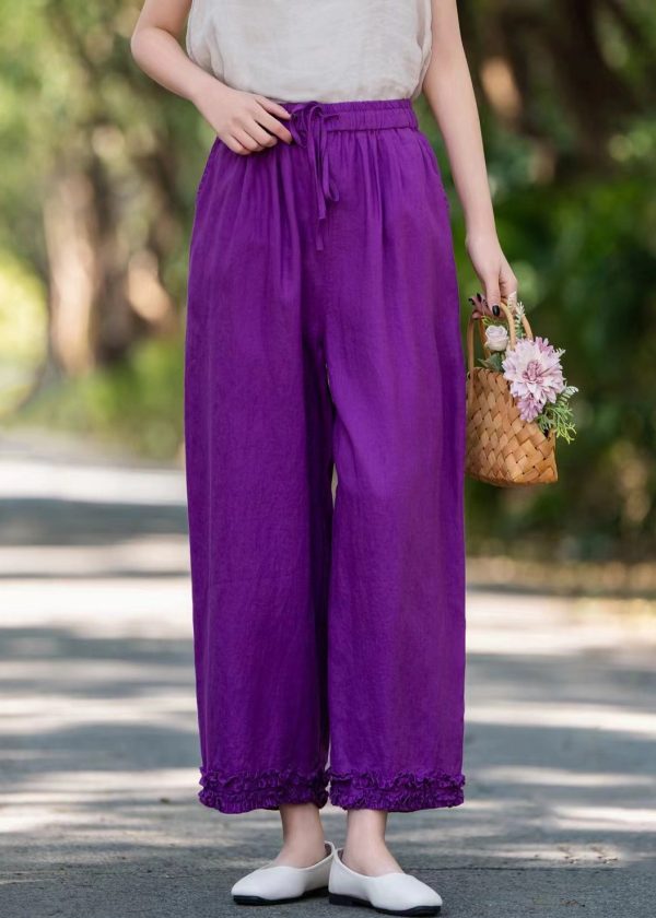Linen Purple Solid Pockets Wide Pants Ruffled Leg Stylish - Image 3