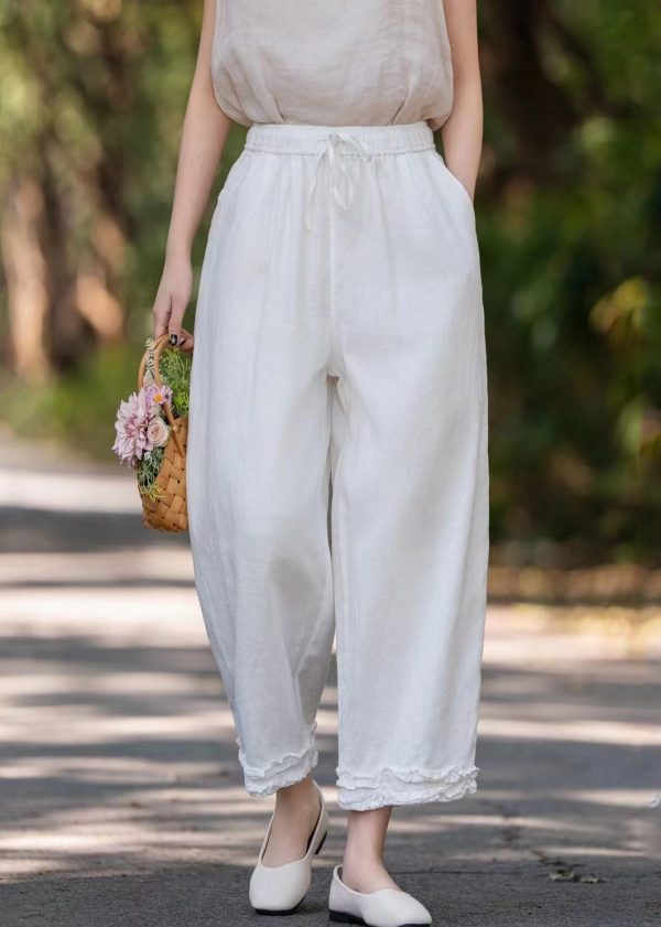 Linen Purple Solid Pockets Wide Pants Ruffled Leg Stylish - Image 4