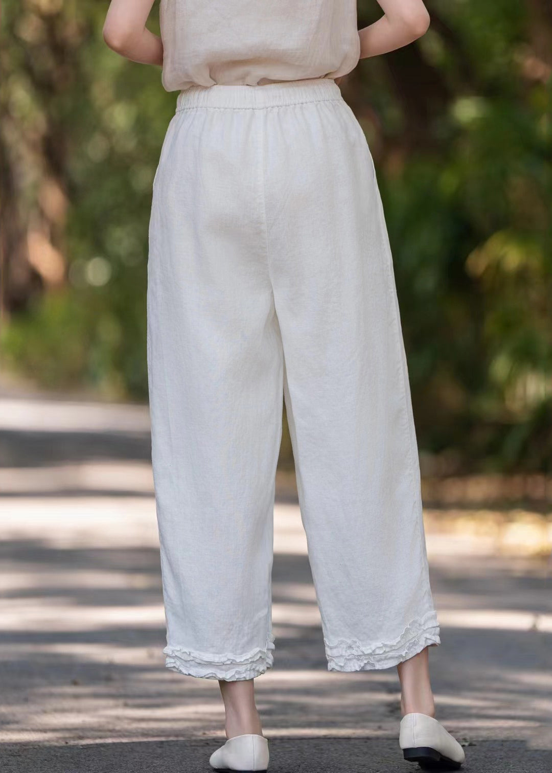 Linen Purple Solid Pockets Wide Pants Ruffled Leg Stylish - Image 5