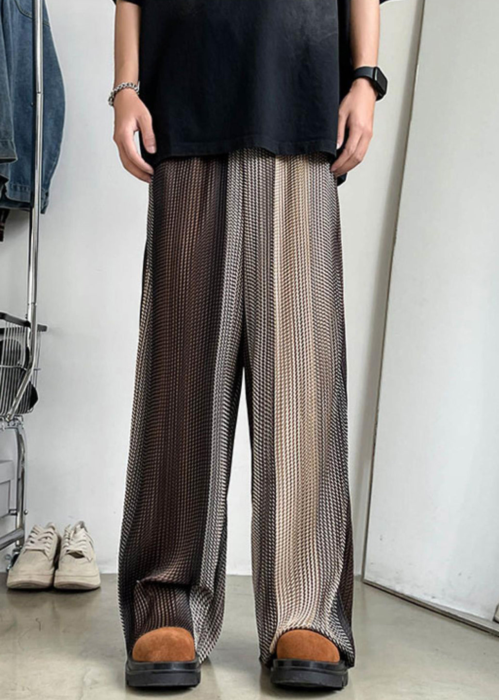 Men Elastic Patchwork Ice Unique Brown Waist Wide Leg Silk Pants - Image 2