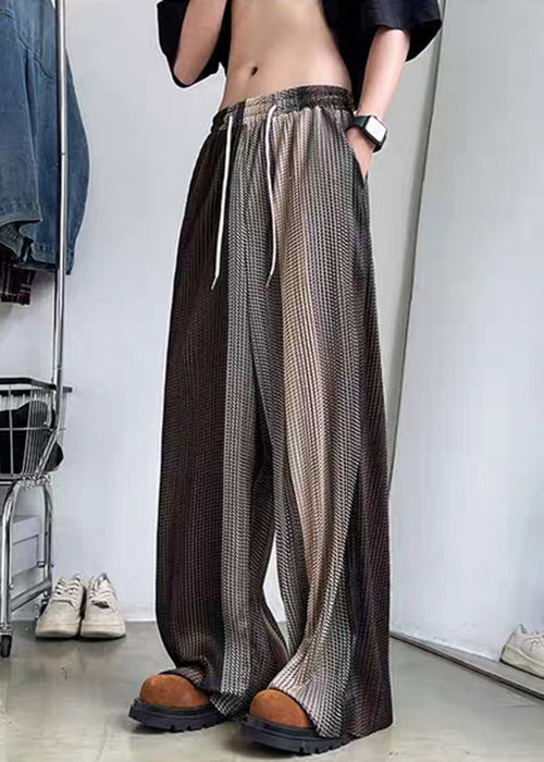 Men Elastic Patchwork Ice Unique Brown Waist Wide Leg Silk Pants - Image 3