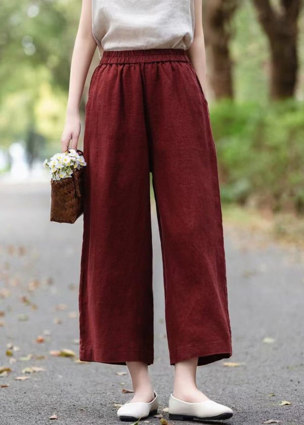 Pants Elastic Summer Waist Linen Crop Wine Solid Red