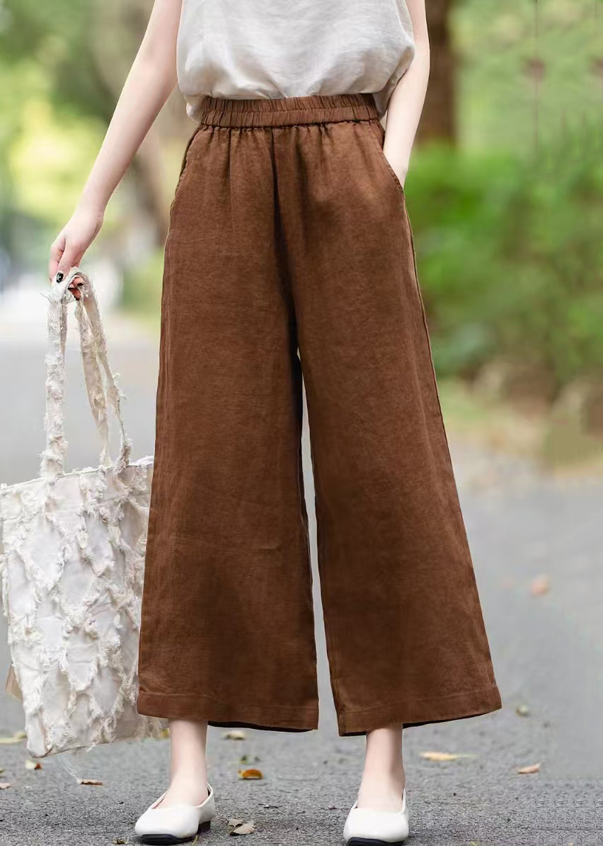Pants Elastic Summer Waist Linen Crop Wine Solid Red - Image 2