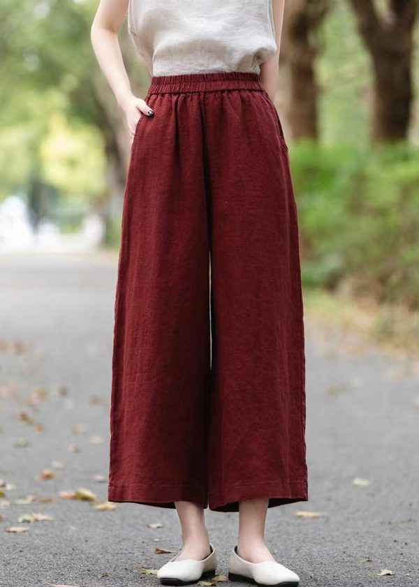 Pants Elastic Summer Waist Linen Crop Wine Solid Red - Image 3
