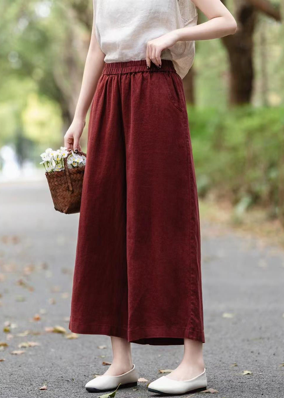 Pants Elastic Summer Waist Linen Crop Wine Solid Red - Image 4