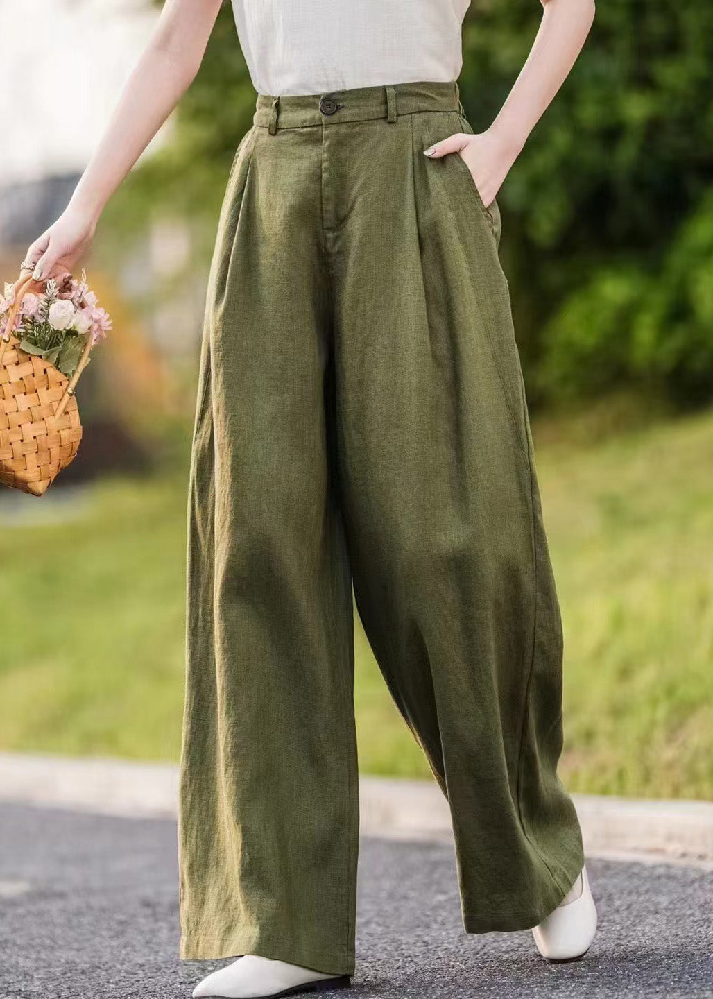 Summer Pants Straight Pockets Women Green Linen - Image 1