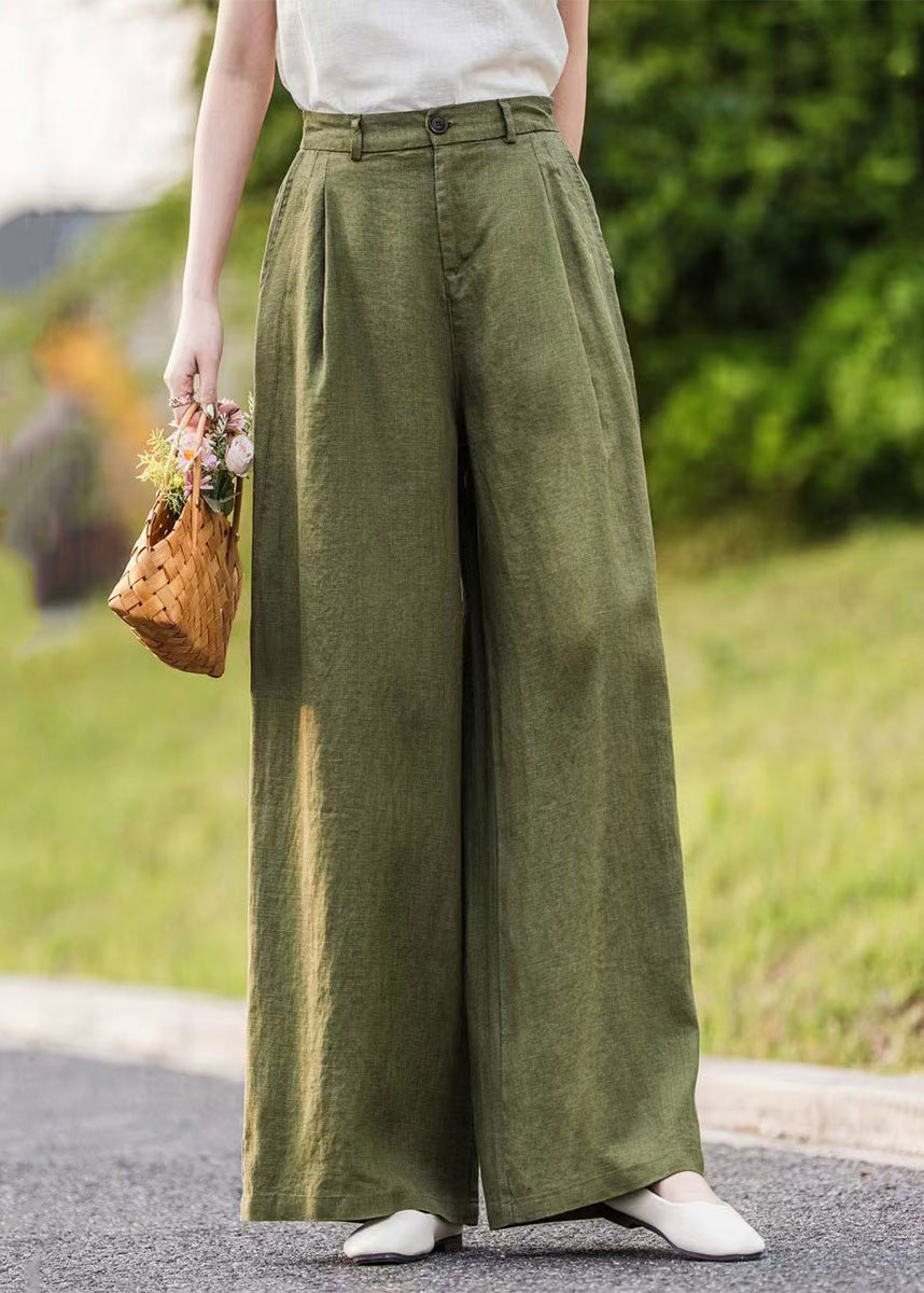 Summer Pants Straight Pockets Women Green Linen - Image 5