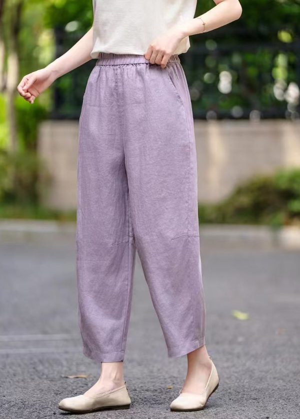 Elastic Pants Summer Pockets Women Waist Linen Crop Purple