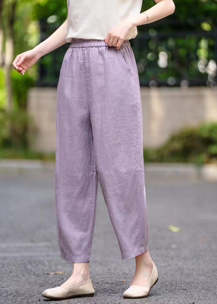 Elastic Pants Summer Pockets Women Waist Linen Crop Purple - Image 1