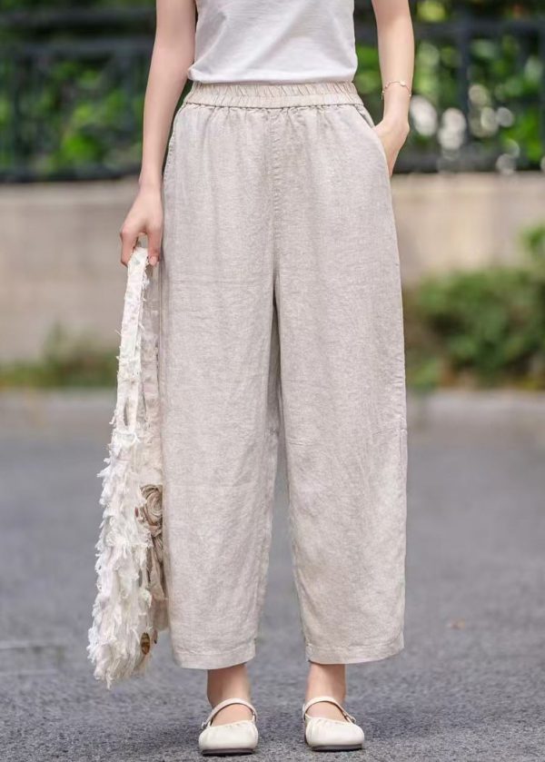 Elastic Pants Summer Pockets Women Waist Linen Crop Purple - Image 2