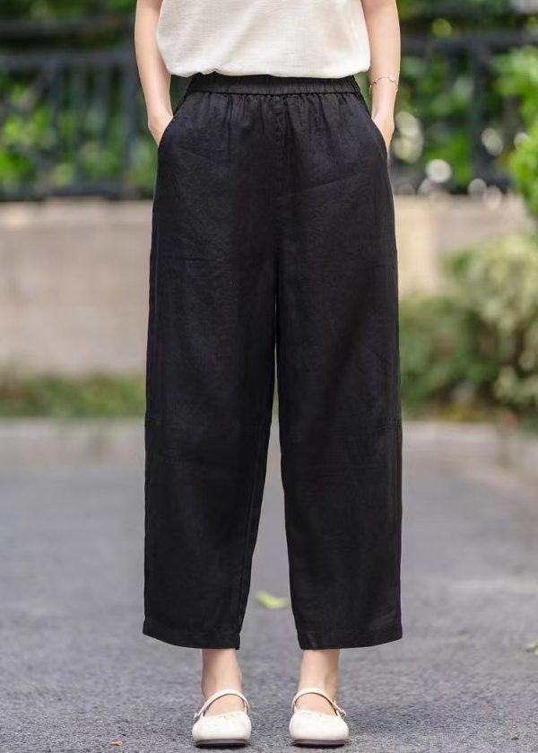 Elastic Pants Summer Pockets Women Waist Linen Crop Purple - Image 3