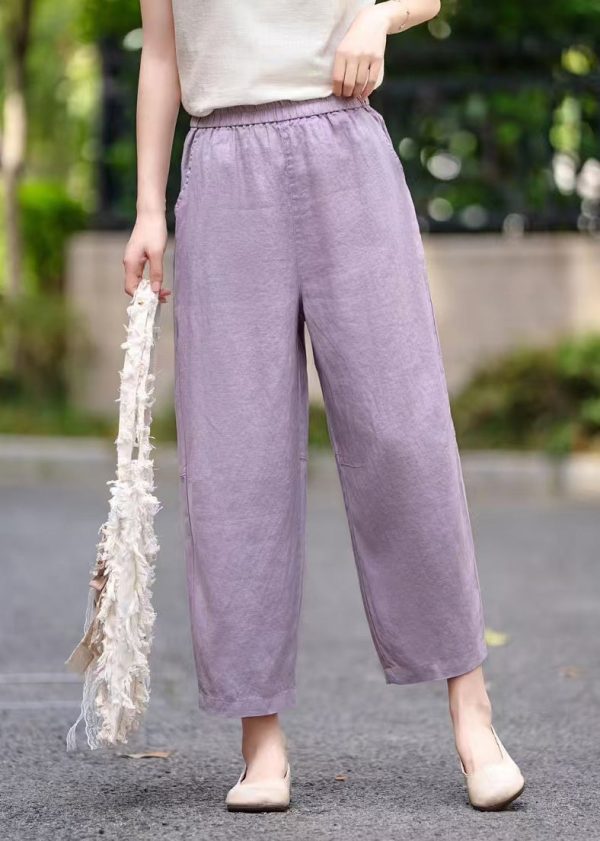 Elastic Pants Summer Pockets Women Waist Linen Crop Purple - Image 4