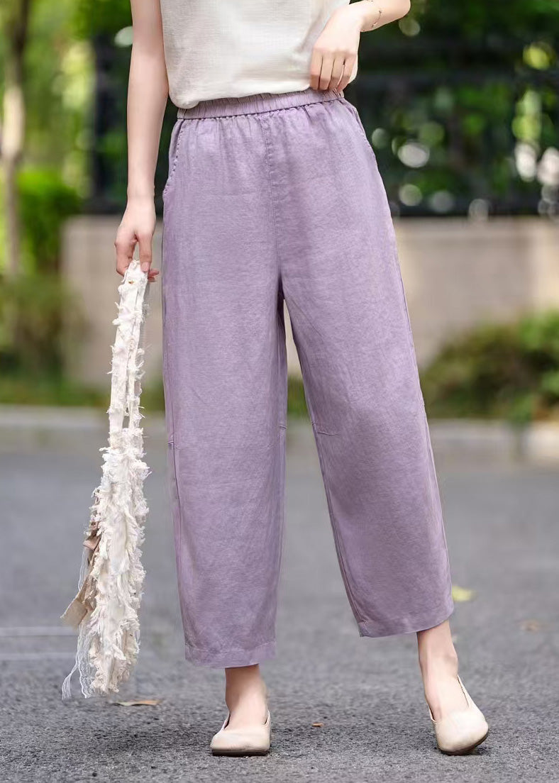 Elastic Pants Summer Pockets Women Waist Linen Crop Purple - Image 4