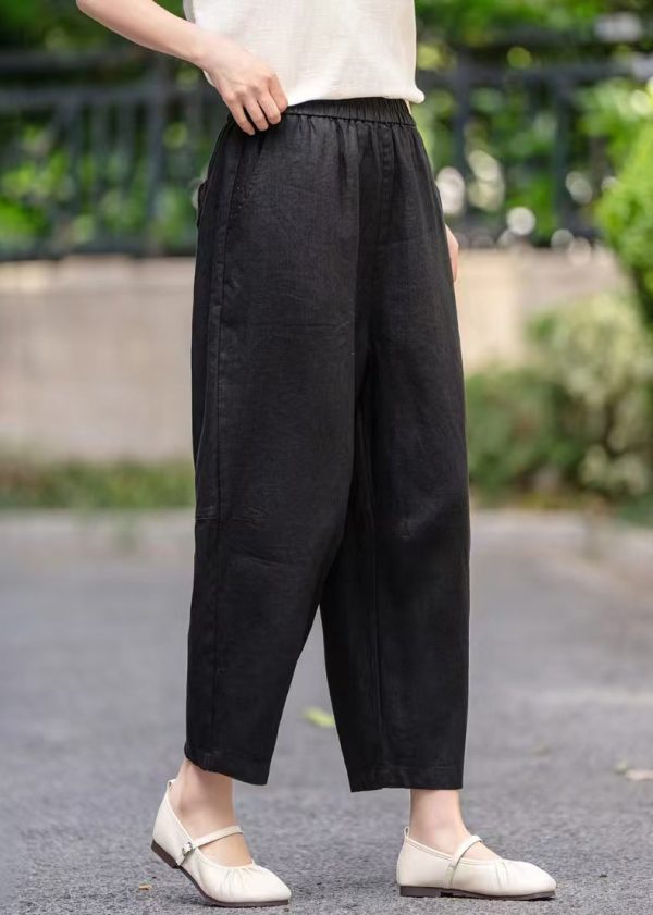 Elastic Pants Summer Pockets Women Waist Linen Crop Purple - Image 5