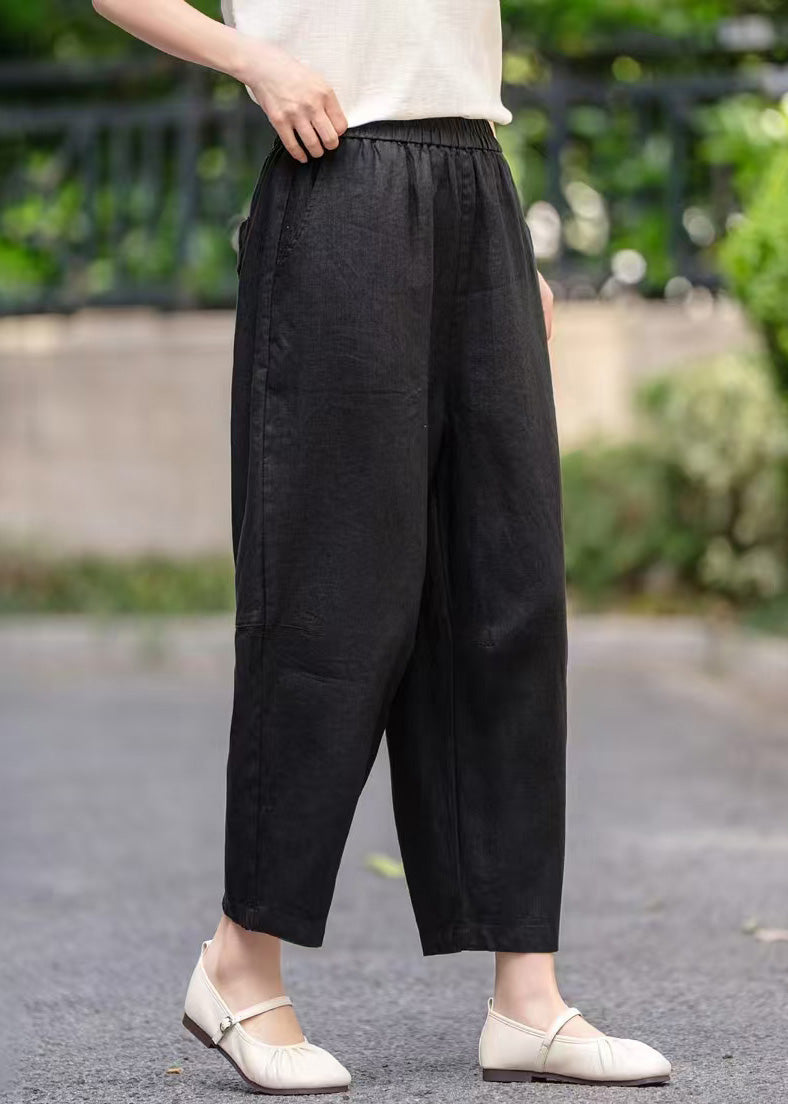 Elastic Pants Summer Pockets Women Waist Linen Crop Purple - Image 5