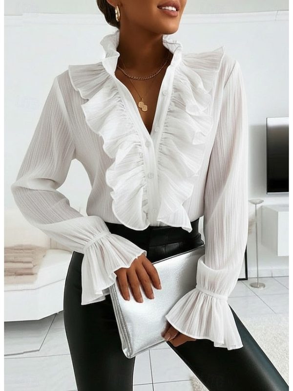 Shirt Blouse Women's White Pink Blue Plain Ruffle Button - Image 3