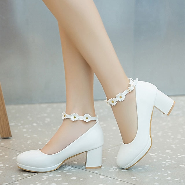 with Ankle Shoes Block White Daisy Flower Heel Girls