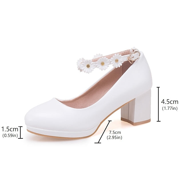 with Ankle Shoes Block White Daisy Flower Heel Girls