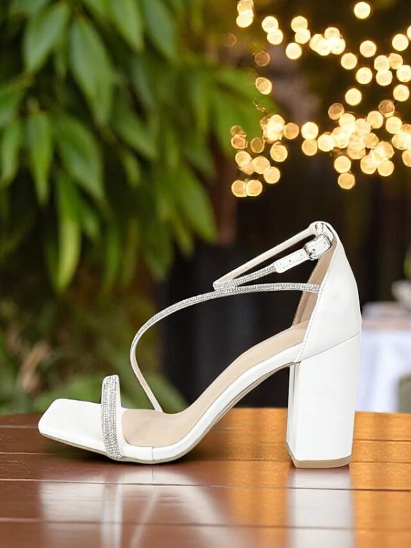 Block Rhinestone White Straps Sandals with - Women's Heel - Image 5