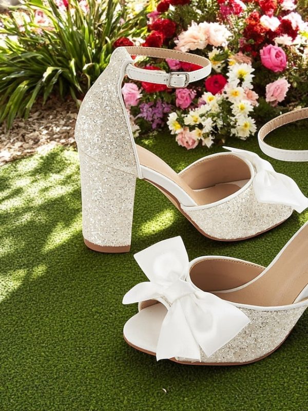 Heel Sandals with Ankle Glitter Block Wedding White Women's - Image 7