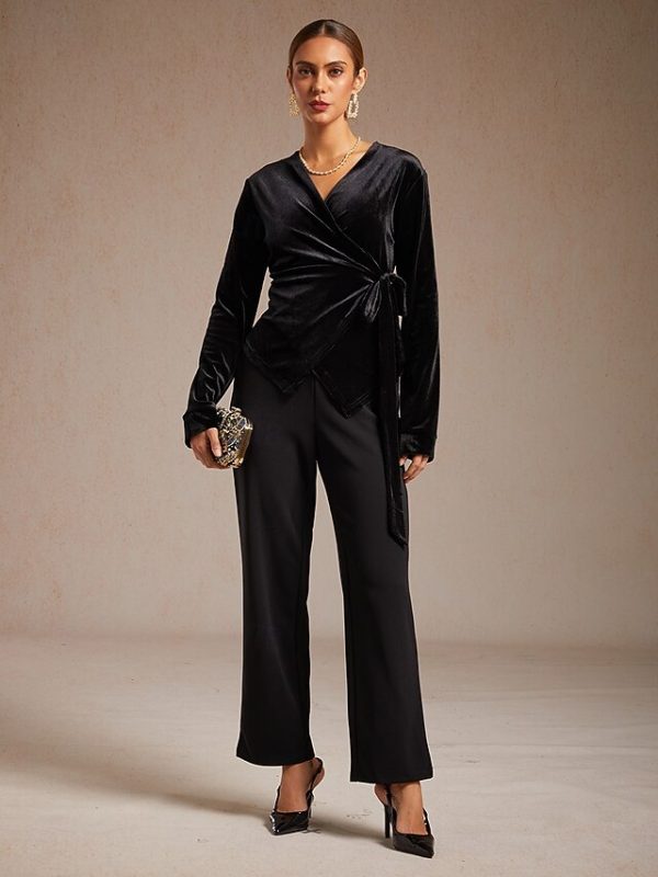 Women's Velvet Wrap Tops Dressy Tops Tie Front Solid Color - Image 5