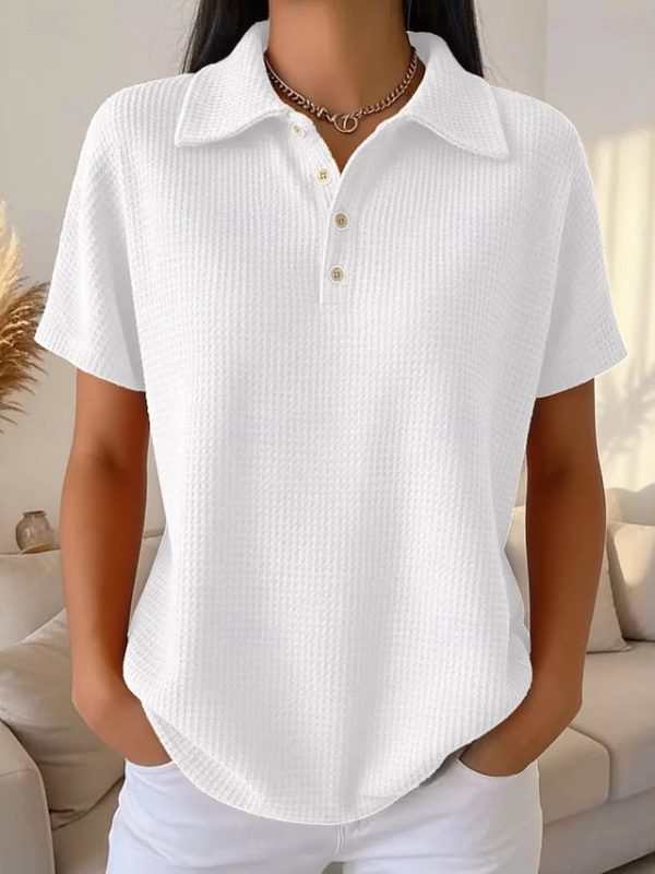 Women's Shirt Waffle Shirt Blouse Patchwork Buttons Plain - Image 4